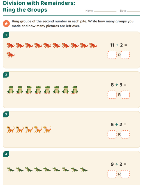 Preview of Division with Remainders worksheet featuring Reptiles and Amphibians for grade 3