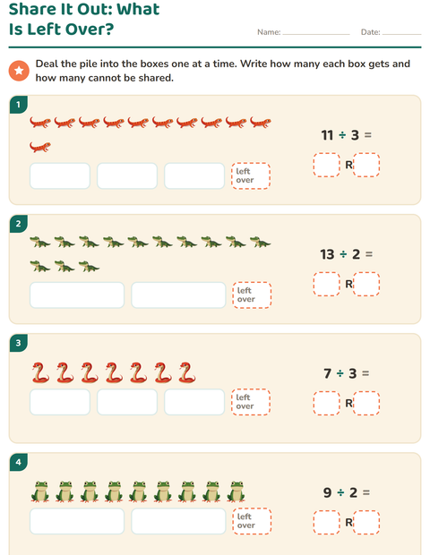 Preview of Division with Remainders worksheet featuring Reptiles and Amphibians for grade 3