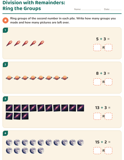 Preview of Division with Remainders worksheet featuring Space for grade 3