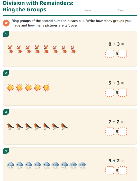 Preview of Division with Remainders worksheet featuring Spring for grade 3
