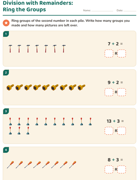 Preview of Division with Remainders worksheet featuring Tools for grade 3