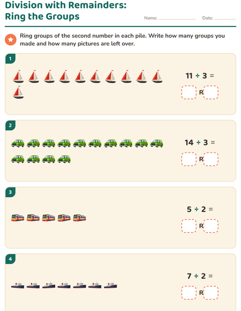 Preview of Division with Remainders worksheet featuring Vehicles for grade 3