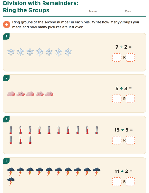 Preview of Division with Remainders worksheet featuring Weather for grade 3