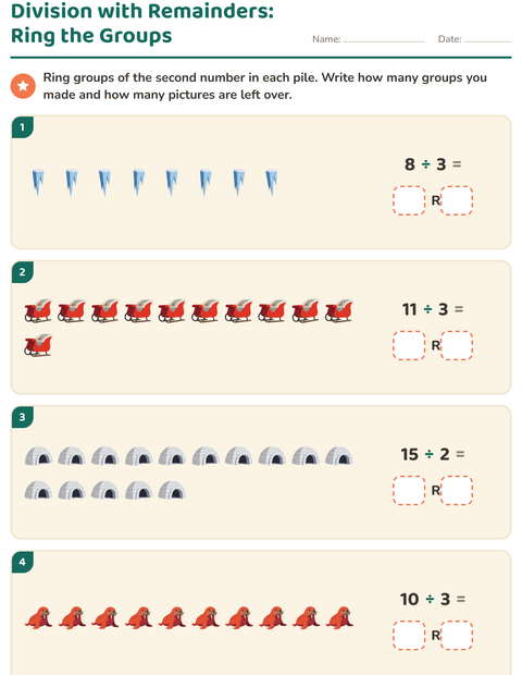 Preview of Division with Remainders worksheet featuring Winter for grade 3
