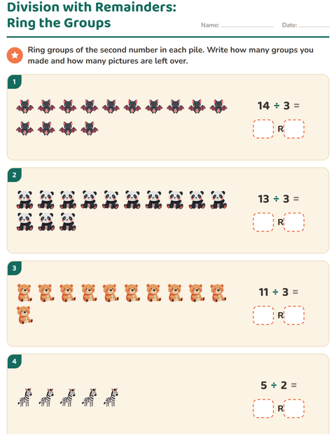 Preview of Division with Remainders worksheet featuring Zoo Animals for grade 3
