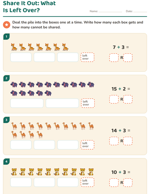 Preview of Division with Remainders worksheet featuring Zoo Animals for grade 3