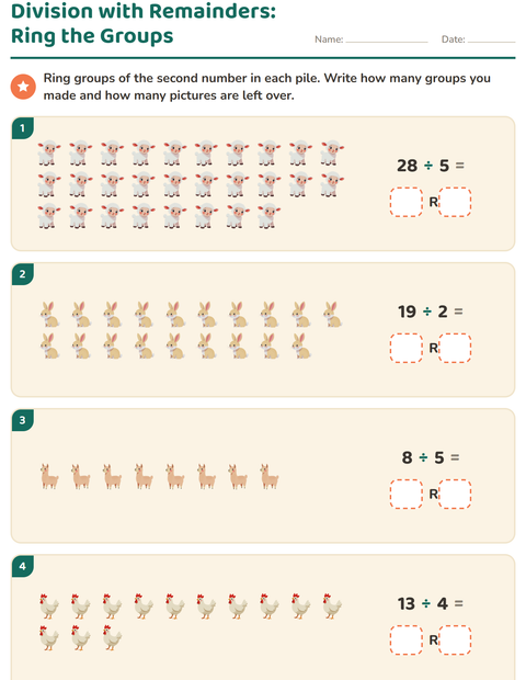Preview of Division with Remainders worksheet featuring Farm Animals for grade 3