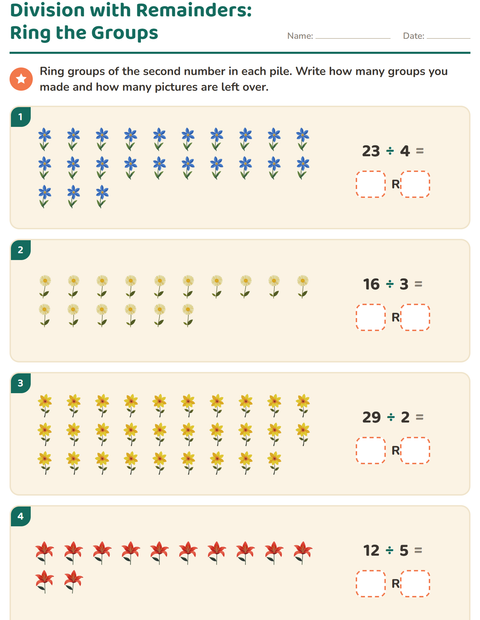 Preview of Division with Remainders worksheet featuring Flowers for grade 3