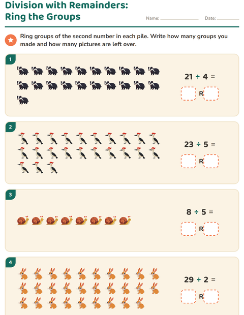 Preview of Division with Remainders worksheet featuring Forest Creatures for grade 3