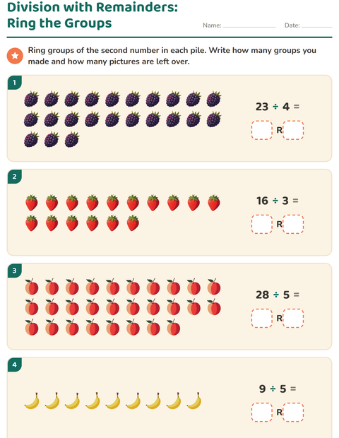 Preview of Division with Remainders worksheet featuring Fruits for grade 3
