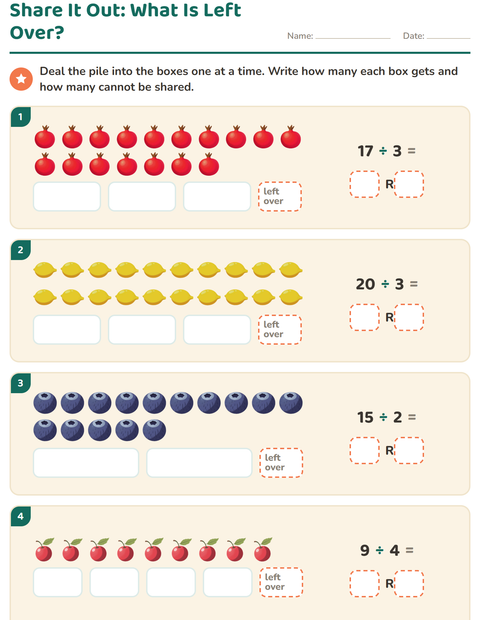 Preview of Division with Remainders worksheet featuring Fruits for grade 3