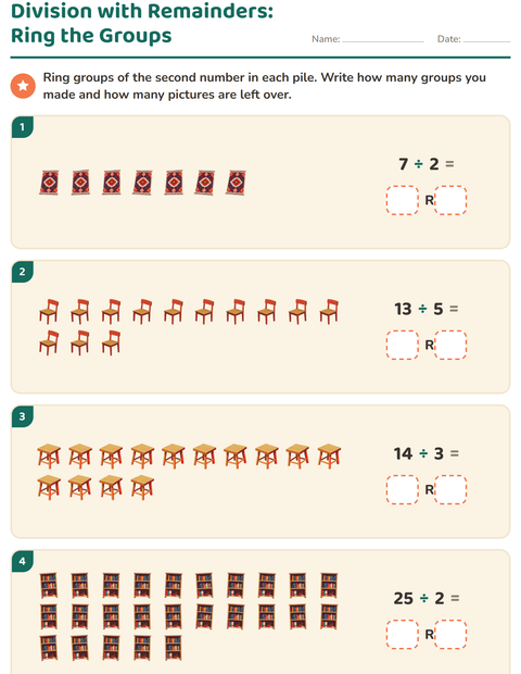 Preview of Division with Remainders worksheet featuring Furniture for grade 3