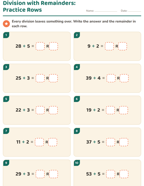 Division with Remainders: Practice Rows