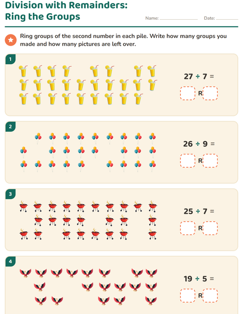 Preview of Division with Remainders worksheet featuring 4th of July for grade 3