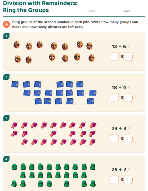 Preview of Division with Remainders worksheet featuring Accessories for grade 3
