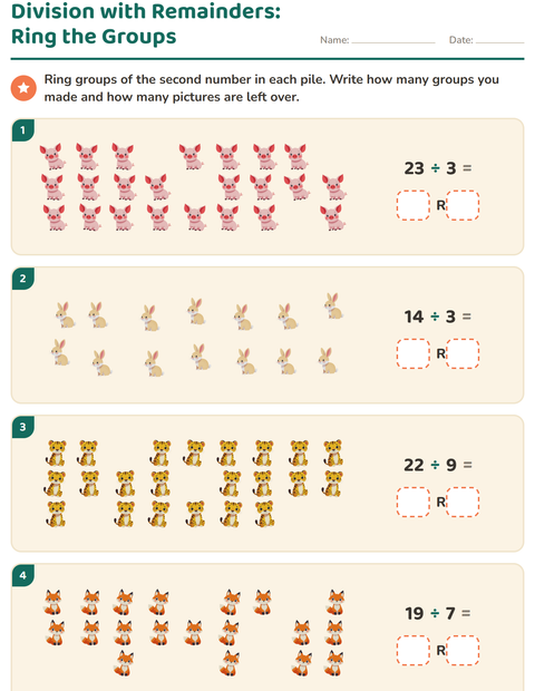 Preview of Division with Remainders worksheet featuring Animals for grade 3
