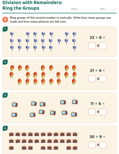 Preview of Division with Remainders worksheet featuring Around the House for grade 3