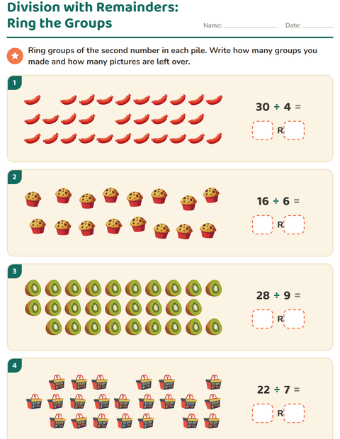 Preview of Division with Remainders worksheet featuring At the Supermarket for grade 3