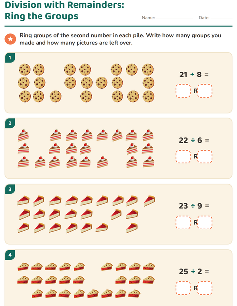 Preview of Division with Remainders worksheet featuring Bakery for grade 3