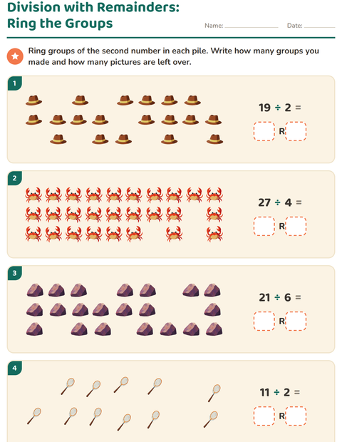 Preview of Division with Remainders worksheet featuring Beach for grade 3