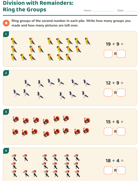 Preview of Division with Remainders worksheet featuring Birds 2 for grade 3