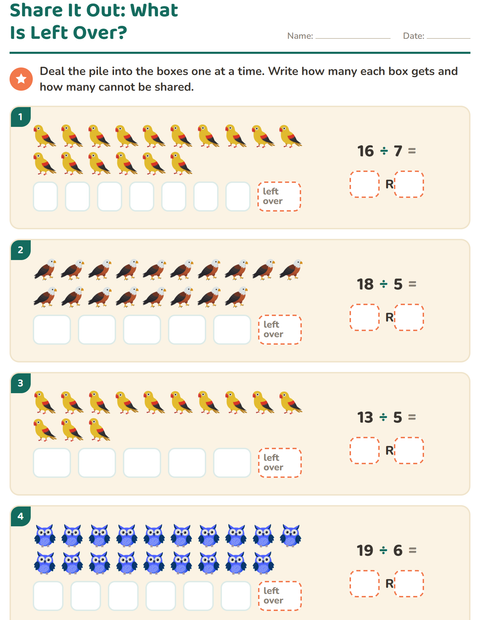 Preview of Division with Remainders worksheet featuring Birds for grade 3