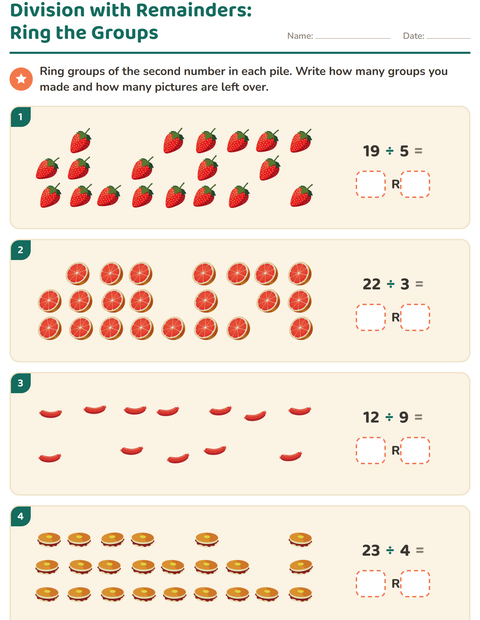 Preview of Division with Remainders worksheet featuring Breakfast for grade 3