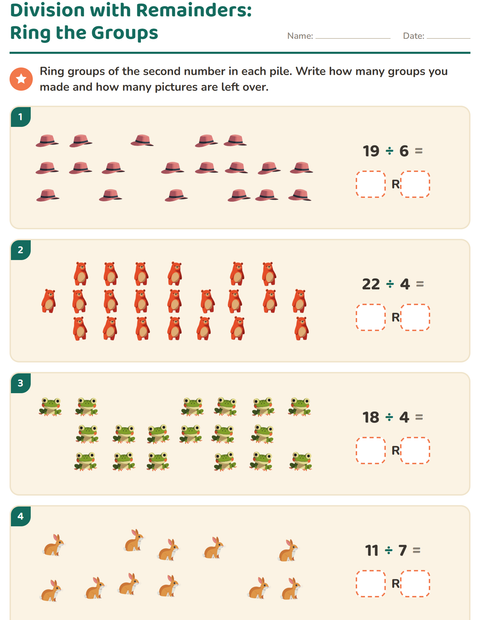 Preview of Division with Remainders worksheet featuring Camping for grade 3