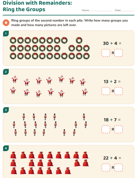 Preview of Division with Remainders worksheet featuring Christmas for grade 3