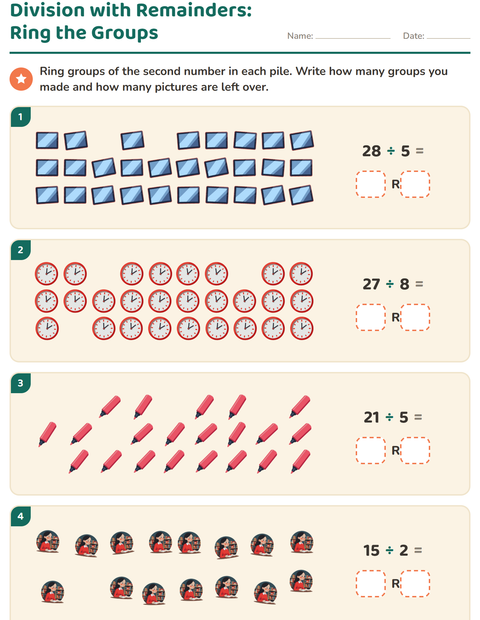 Preview of Division with Remainders worksheet featuring Classroom for grade 3