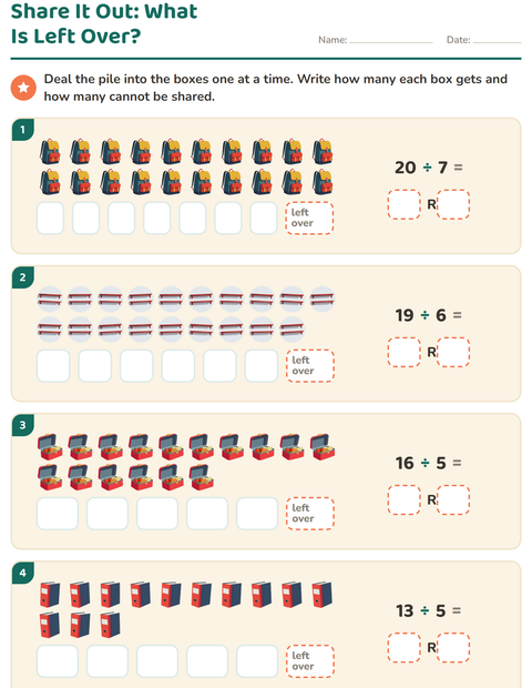 Preview of Division with Remainders worksheet featuring Classroom for grade 3