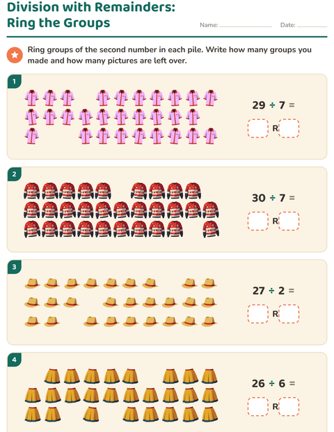 Preview of Division with Remainders worksheet featuring Clothing for grade 3