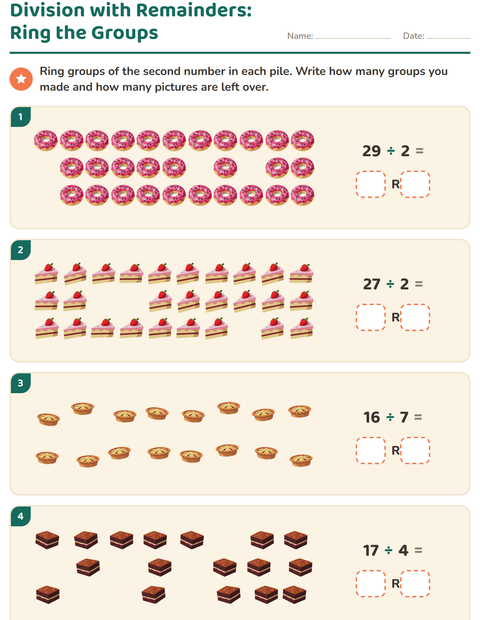 Preview of Division with Remainders worksheet featuring Desserts and Sweets for grade 3