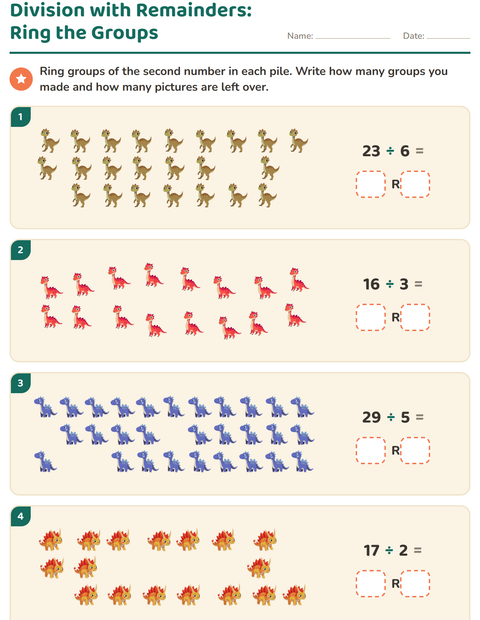 Preview of Division with Remainders worksheet featuring Dinosaurs for grade 3