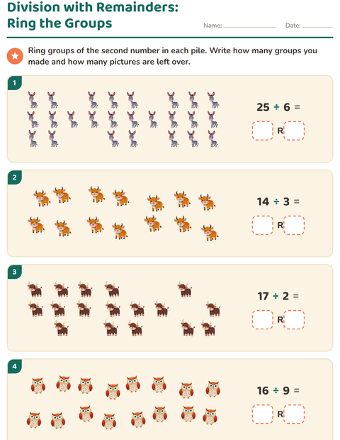 Preview of Division with Remainders worksheet featuring Farm Animals for grade 3