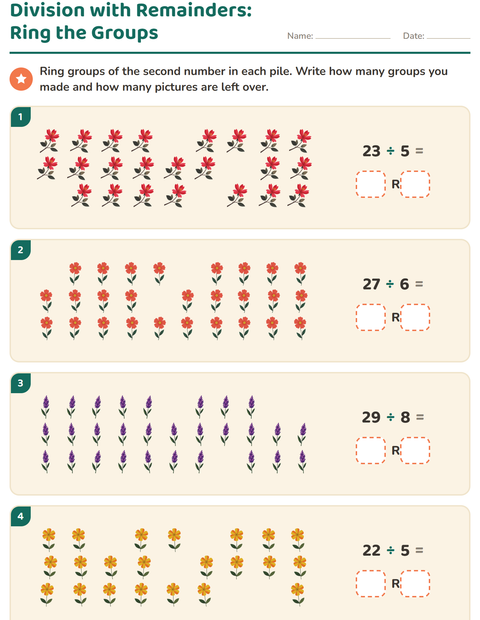Preview of Division with Remainders worksheet featuring Flowers for grade 3