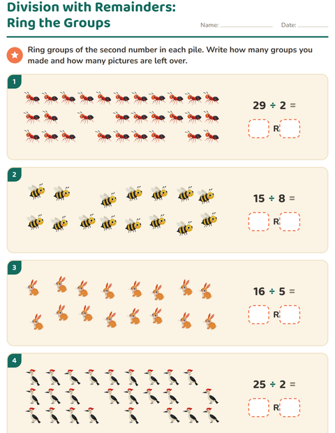 Preview of Division with Remainders worksheet featuring Forest Creatures for grade 3