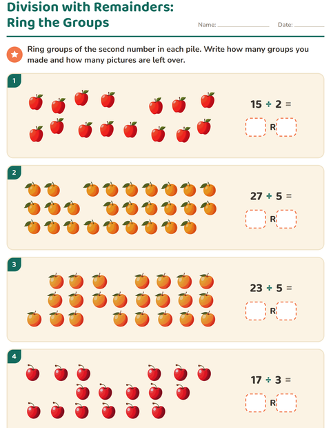 Preview of Division with Remainders worksheet featuring Fruits for grade 3