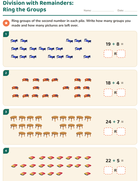 Preview of Division with Remainders worksheet featuring Furniture for grade 3
