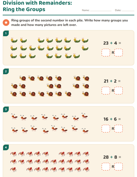 Preview of Division with Remainders worksheet featuring Insects and Bugs for grade 3