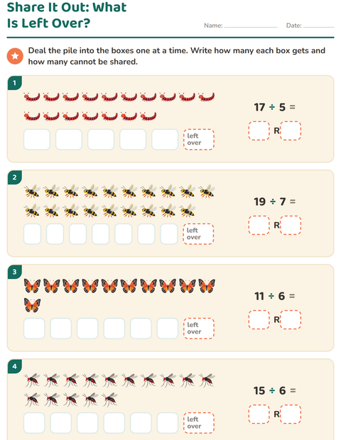 Preview of Division with Remainders worksheet featuring Insects and Bugs for grade 3