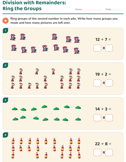 Preview of Division with Remainders worksheet featuring Kitchen Tools for grade 3