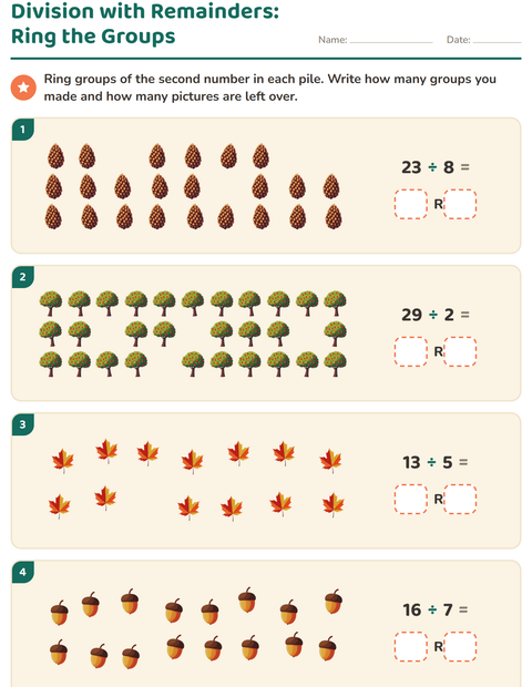Preview of Division with Remainders worksheet featuring Miscellaneous for grade 3