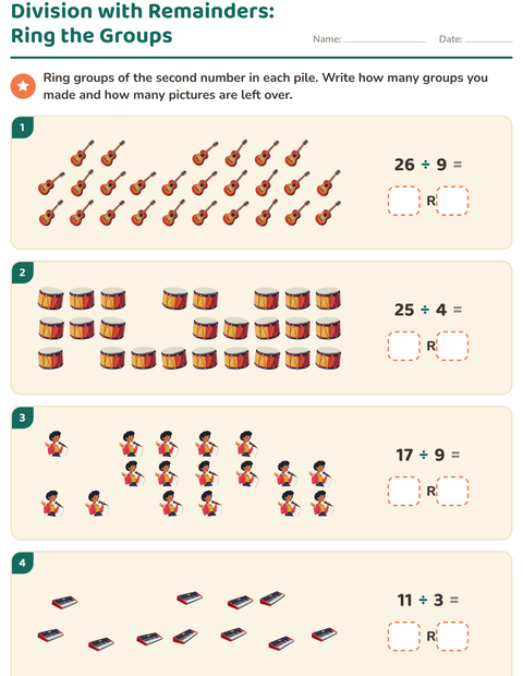 Preview of Division with Remainders worksheet featuring Music for grade 3