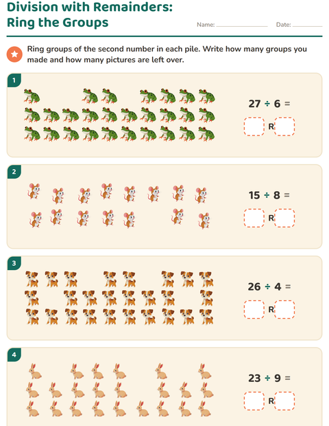 Preview of Division with Remainders worksheet featuring Pets for grade 3