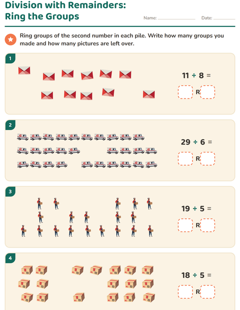 Preview of Division with Remainders worksheet featuring Post Office for grade 3