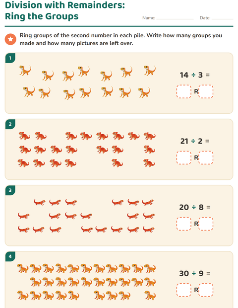 Preview of Division with Remainders worksheet featuring Reptiles and Amphibians for grade 3