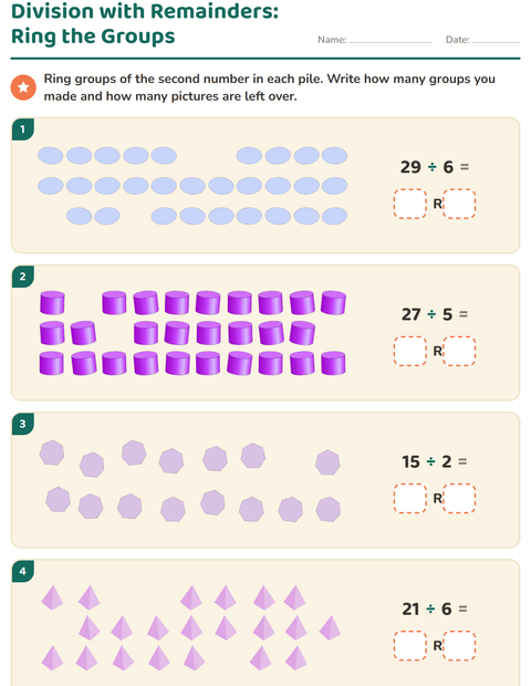 Preview of Division with Remainders worksheet featuring Shapes for grade 3