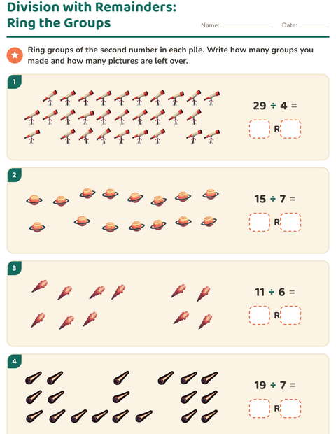 Preview of Division with Remainders worksheet featuring Space for grade 3