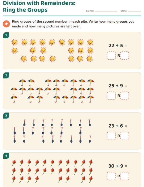 Preview of Division with Remainders worksheet featuring Spring for grade 3